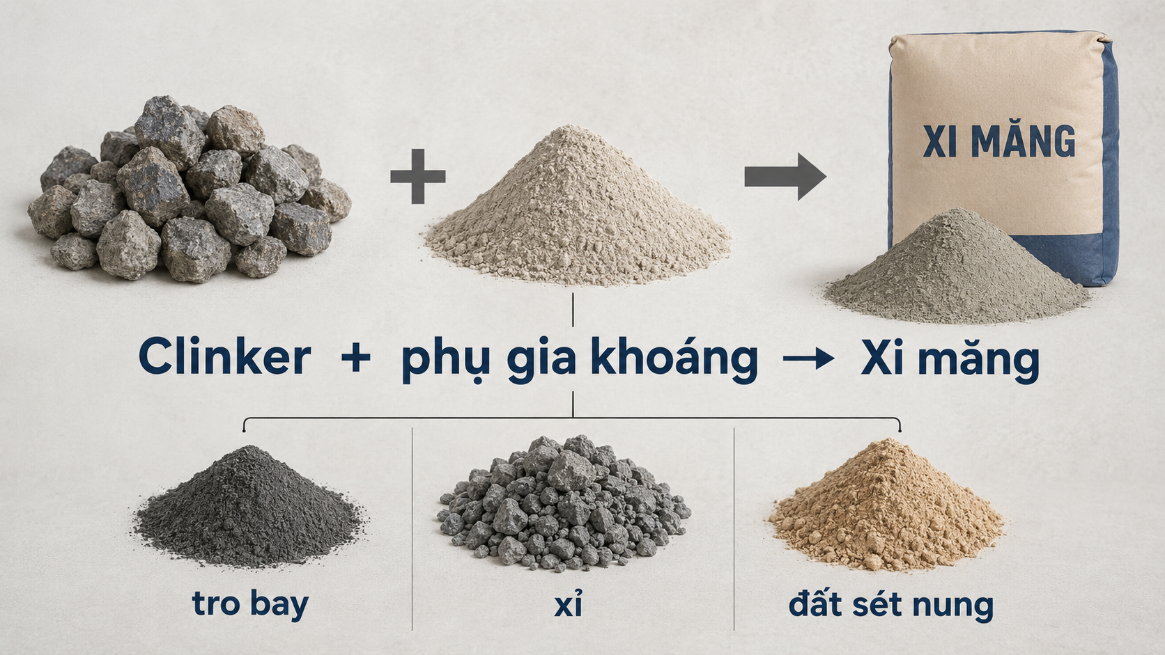 Giảm clinker bằng tro bay, xỉ v&agrave; đất s&eacute;t nung trong sản xuất xi măng.