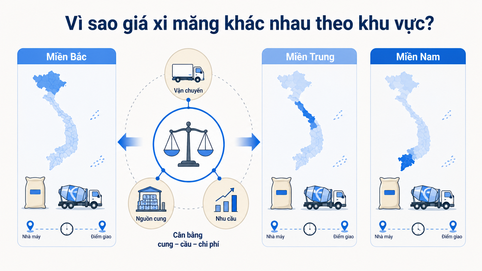 Sơ đồ giải thích giá xi măng khác nhau theo khu vực do sức mua xi măng và chi phí vận chuyển